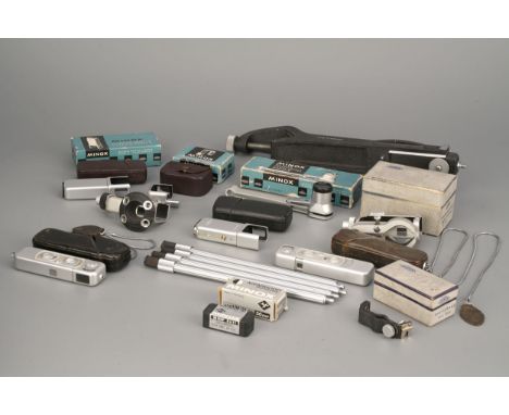 Two Minox B Subminiature Cameras, together with various accessories including copy stand, tripod clamp and more (a lot)