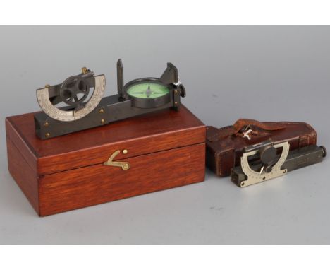 Surveying - Two Abney Levels, one by B J Hall, in leather case, one large example with green card prismatic compass, cased, l