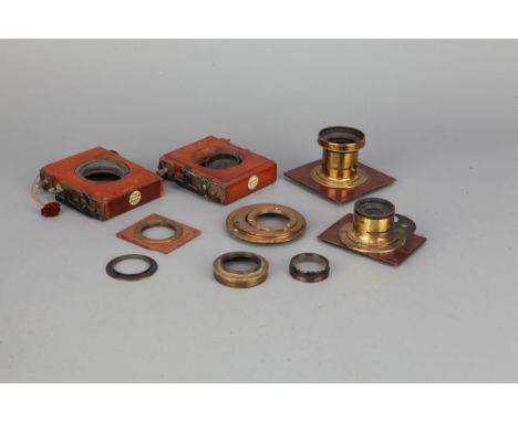 A Small Selection of Mahogany &amp; Brass Accessories, including Voigtlander Sohn Wien rotary Waterhouse stop brass lens, rol