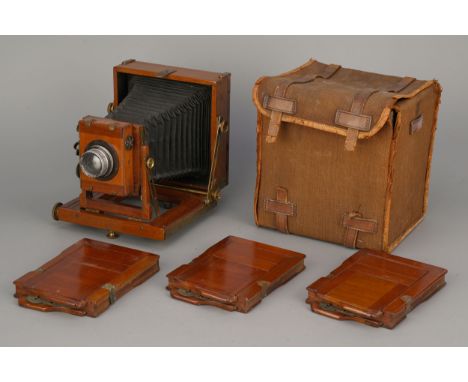 An Unmarked Quarter Plate Mahogany Field Camera, with R & J Beck Series IV f/6.3 4.75" aluminium lens, with three DDS in make