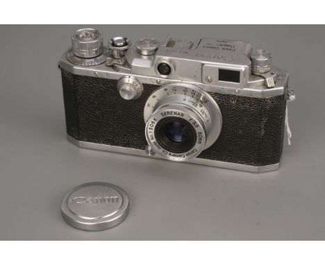 A Canon IVSB Rangefinder Camera, chrome, serial no. 67559, with Canon Serenar f/3.5 50mm lens, damages to rear finder windowI