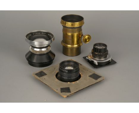 Four Large Format Lenses, including unmarked brass Petzval, Schneider Componon f/5.6 300mm, C. P. Goerz Apochromat Artar f/9.