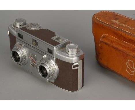 A Revere 33 Stereo Camera, with Wollensak f/3.5 35mm lenses, in maker's case