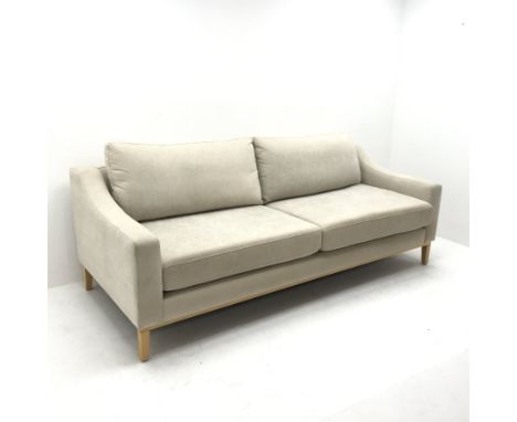 Three seat Noble &amp; Jones  sofa, upholstered in a beige fabric, square tapering supports (W224cm) and a matching two seat 