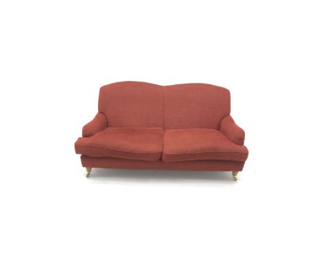 Laura Ashley Twickenham three seat sofa upholstered in a red fabric, turned supports (W188cm) and matching two seater (W160cm