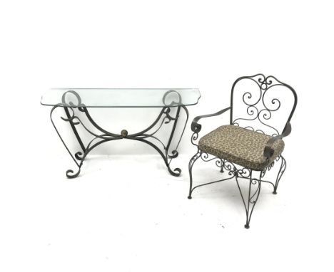 20th century wrought metal console table, shaped glass top, scrolling supports (W132cm, H69cm, D46cm) with matching armchair 