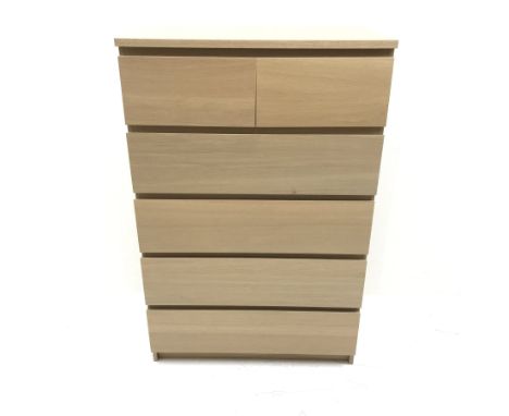 Ikea light oak chest, two short and four long drawers, plinth base, W81cm, H123cm, D48cm - Condition Report 