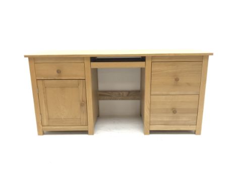 Light ash twin pedestal office desk, single slide, three graduating drawers, single cupboard, stile supports, W163cm, H77cm, 