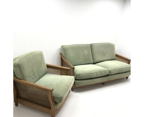 Ercol elm Bergere three seat sofa, Golden Dawn finish (W185cm) and matching armchair (W91cm) - Condition Report 