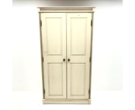 Painted pine double wardrobe, projecting cornice, two doors enclosing single shelf and hanging rail, plinth base, W111cm, H19