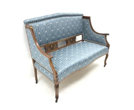 Edwardian inlaid mahogany framed two seat sofa, upholstered in a blue striped fabric, scrolled arms, cabriole legs, W130cm  -