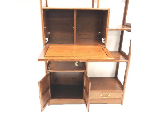 Chinese rosewood curio cabinet/wall shelf, six shelves, single fall front, drawer and two cupboards, stile supports, W102cm, 