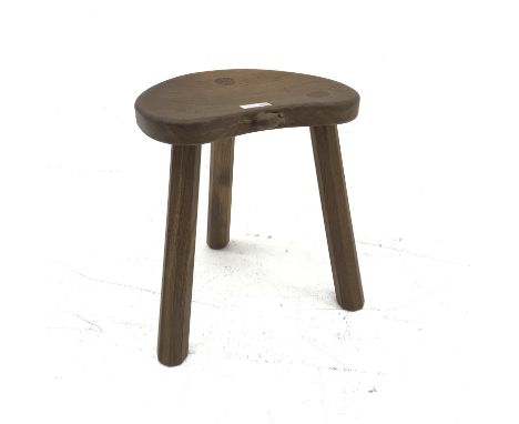 'Mouseman' oak three legged stool, dished adzed seat by Robert Thompson of Kilburn, H35cm, W31cm - Condition Report 