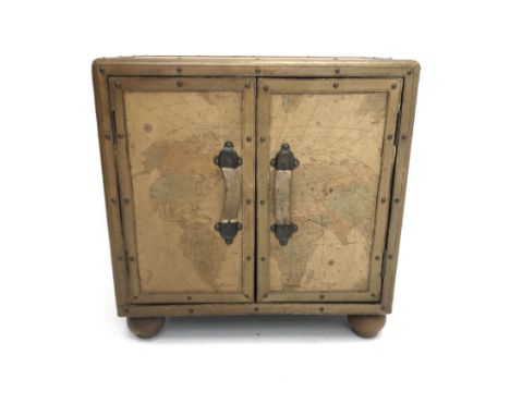 Leather bound map cabinet, two doors enclosing single shelf, turned supports, W61cm, H62cm, D42cm - Condition Report 