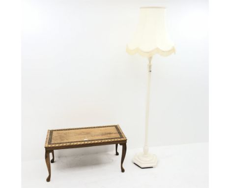 White standard lamp with shade (H158cm) and a carved wood coffee table  - Condition Report 