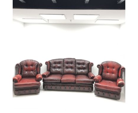 Georgian style three seat sofa upholstered in deep buttoned vintage red leather (W175cm) and pair of matching armchairs (W87c