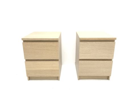 Pair Ikea light oak bedside chests, two drawers, plinth base, W41cm, H55cm, D49cm - Condition Report 