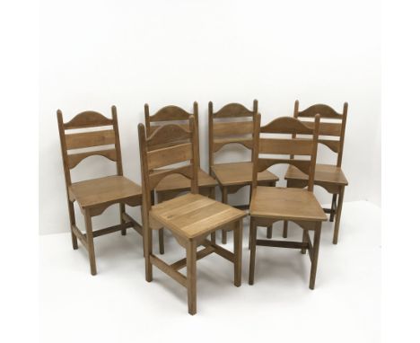 Set six oak shaped ladder back dining chairs, solid seat, square supports, W43cm - Condition Report 