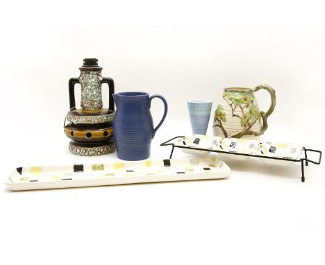 1950's ceramics: Susie Cooper blue jug, Shelley vase, Midwinter serving set by Jessie Tait, pottery lamp, etc