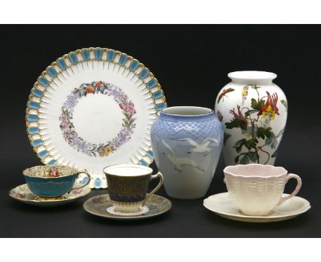 A collection of mixed trio's and decorative cups/saucers, including Belleek and a collection of modern vases, Bing and Gronda