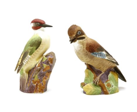 Three 20th century Chinese porcelain bowls, together with two Royal Worcester porcelain birds, a green Woodpecker and a Jay