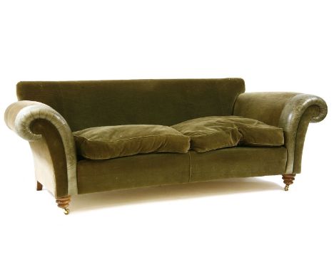 A green velvet and leather upholstered four seater Chesterfield sofa, 230cm wide, 106cm deep, 82cm high