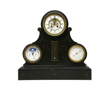 A large black slate mantle clock, inlaid with malachite and engraved scrolls, upper dial marked 'A & C Cairncross', with day 