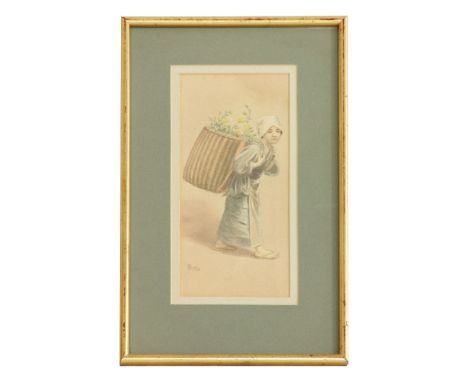Tsutaya Ryuko (1868-1933)PORTRAIT OF JAPANESE LADY CARRYING BASKETSigned l,l,. watercolour28 x 13cm