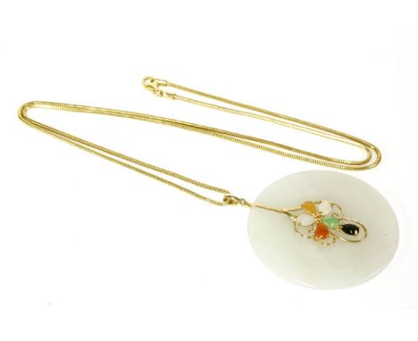 A 14ct gold jade bi pendant, with applied gold and hardstones, in a floral motif on an Italy chain, marked 37523.90g