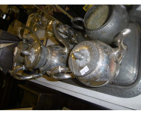 LATE VICTORIAN FOUR PIECE SILVER PLATE TEA SET ON TRAY PRESENTED TO MRS HF. CROOKS BY THE SERGEANTS OF THE 2nd BATT ROYAL  DU