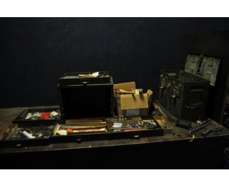 A METAL FILE DRAWER, AN AMMO BOX AND A BOX CONTAINING ENGINEERING TOOLS including hammers, mallets, sockets, tin snips, a Rab
