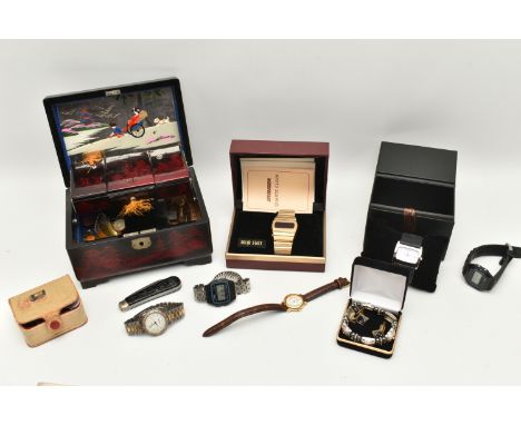 A BOX OF ASSORTED ITEMS, to include a musical jewellery box, an assortment of wristwatches, names to include Bench, Casio, Se