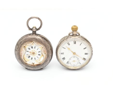 TWO LADIES WHITE METAL OPEN FACE POCKET WATCHES, one manual wind, stamped 925 continental marks for silver, the other a key w