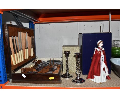A BOXED ROYAL WORCESTER 'QUEEN ELIZABETH II,' TWO COMMEMORATIVE CANDLESTICKS, AND VINTAGE CUTLERY  comprising a 2006 edition 