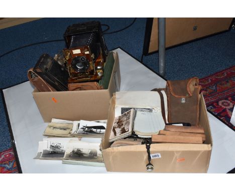 TWO BOXES OF PHOTOGRAPHIC EQUIPMENT AND VINTAGE AIRCRAFT PHOTOGRAPHS, to include a The Sanderson Regular Model plate camera, 