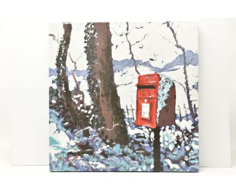 TIMMY MALLETT (BRITISH CONTEMPORARY) 'SNOWY POST BOX', a signed limited edition print on box canvas, depicting a winter scene