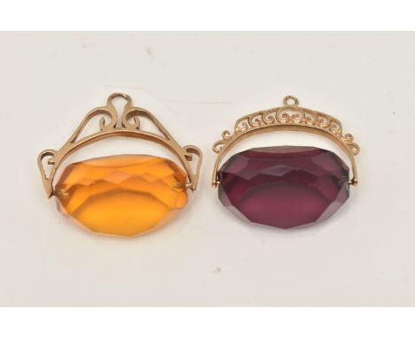 TWO PASTE SET SWIVEL FOBS, the first with a faceted purple paste, to the scrolling surmount hallmarked 9ct Birmingham, the se