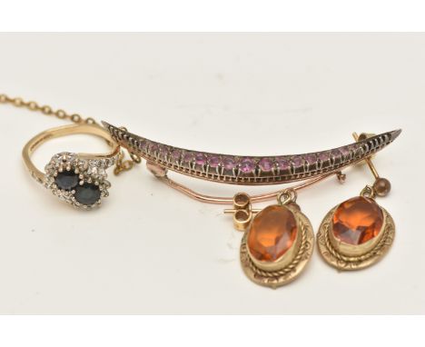 THREE ITEMS OF JEWELLERY, to include a 9ct gold sapphire and diamond double cluster ring, two clusters each set with a centra