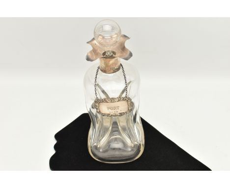 AN HOURGLASS SILVER MOUNTED DECANTER, glass decanter fitted with a silver four spout collar, hallmarked 'James Deakin &amp; S