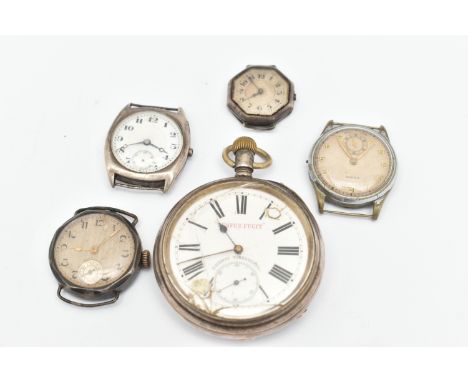 A BAG OF ASSORTED WATCHES, to include an AF open face pocket watch, manual wind, round white dial signed 'Tempus Fugit', Roma