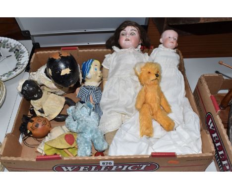 ONE BOX OF VINTAGE DOLLS AND PUPPETS, to include a mid-century Chad Valley Andy Pandy hand puppet, an Armand Marseille 370 AM