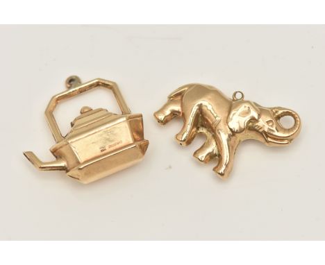 TWO 9CT GOLD CHARMS, hollow charms one in the form of an elephant the other a teapot, both with full 9ct gold hallmarks one f