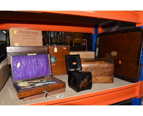 A COLLECTION OF VICTORIAN WOODEN BOXES, comprising a black lacquered tea caddy decorated with a traditional Japanese mountain