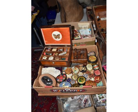 TWO BOXES OF SEWING RELATED ITEMS AND TRINKET BOXES, to include a workbox with mother of pearl inlay, relined with a modern e