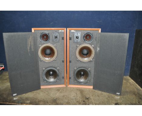 A PAIR OF VINTAGE IMF HI FI SPEAKERS with teak cabinets, 3 way split into 2x8in woofer, a 4in mid range and tweeter (one woof
