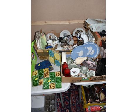 TWO BOXES OF CERAMICS, VINTAGE TILES AND ORNAMENTS, to include four Arts &amp; Crafts decorative ceramic wall tiles, two Roya