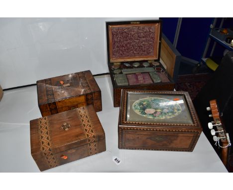 A GROUP OF FIVE MARQUETRY BOXES comprising a travellers box with five large glass bottles, with metal lids, three rectangular