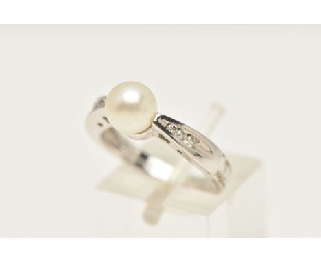 A 9CT WHITE GOLD CULTURED PEARL AND DIAMOND RING, set with a single cream cultured pearl, set with small diamond accent shoul