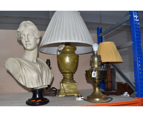 FOUR TABLE LAMPS AND A CLASSICAL STYLE BUST comprising a converted Aladdin No. 23 lamp fitted with a UK plug height 39cm, a l