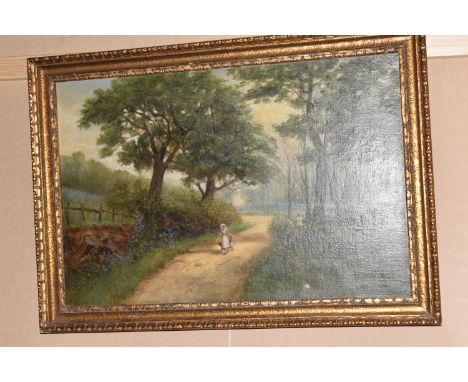 SAMUEL LAWSON BOOTH R.C.A (1836-1928) 'THE BLUEBELL WOODS', a young woman and child are walking along a woodland path with tw
